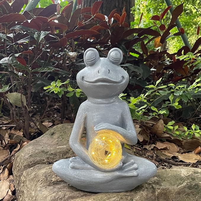 Solar Yoga Frog Garden Statue - Meditating Zen Frog Outdoor Decor with LED Light