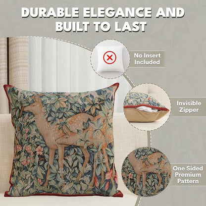 Square tapestry pillow cover with deer in foliage pattern, blue-green and red trim
