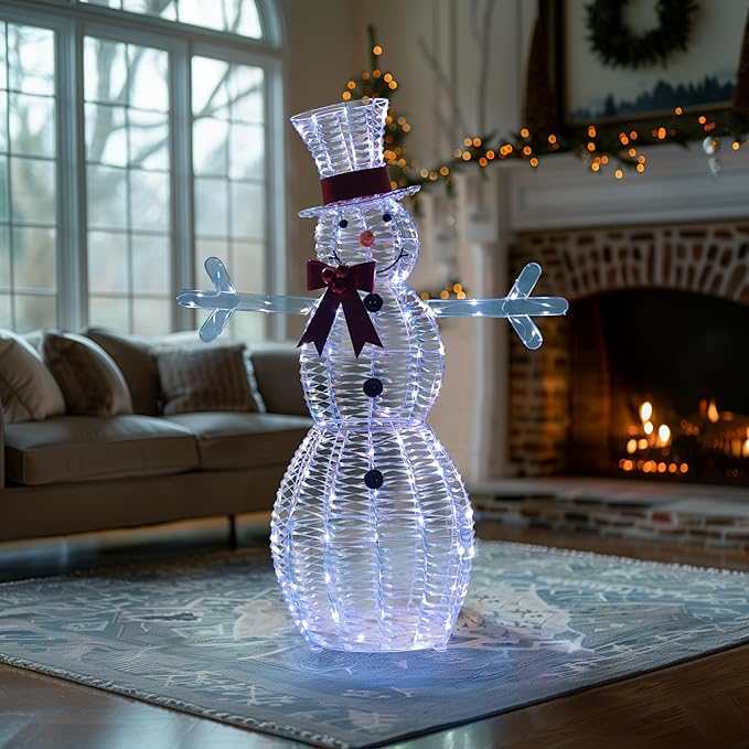 Indoor glowing iridescent snowman on floor mat with red scarf, bow top hat, blue LEDs