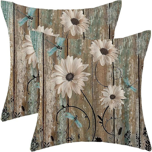 Floral square pillow cover with wood-plank print, daisy flowers, turquoise dragonflies