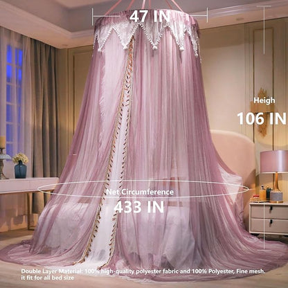 Princess Bed Canopy with Star String Lights – Double-Layer Round Lace | Fits All Bed Sizes | Girls & Adults Fairy Tale Bedroom Canopy