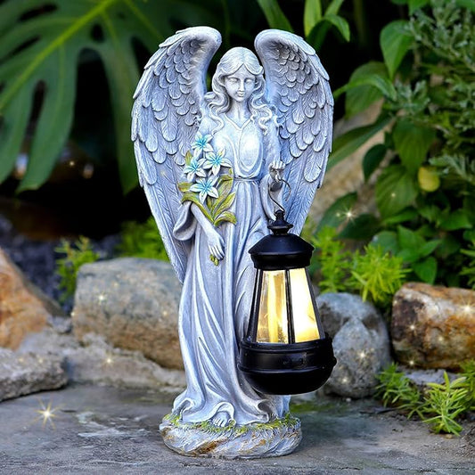 Gray Angel Solar Garden Statue with Watering-Effect Detail - 13.2-Inch Resin Decor