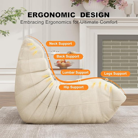 Cream Ripple Loveseat Floor Sofa - Togo-Style Foam Lounge Sofa with Wave Profile for Living Room, Reading Corner, and Japandi Interiors