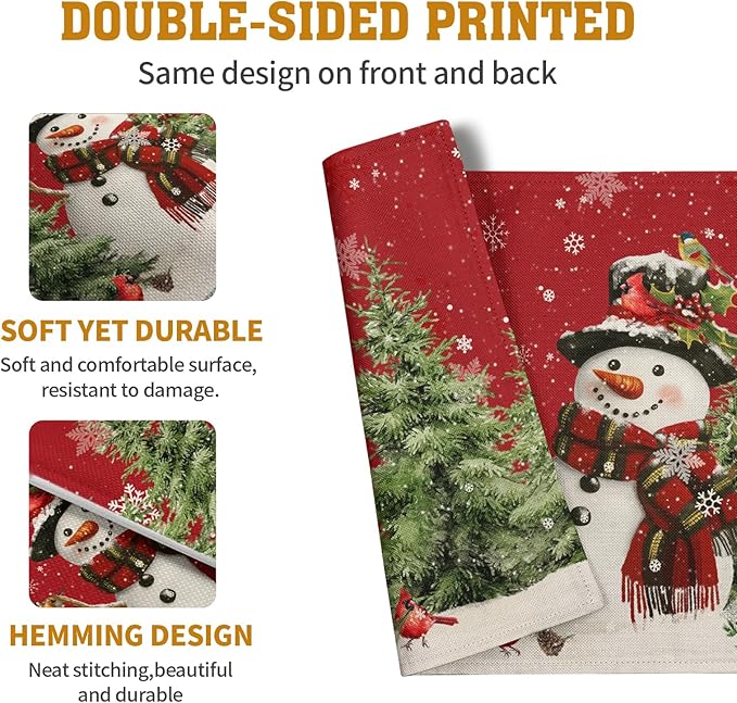 Double-sided red snowman placemats with pine trees and cardinals, set of 4