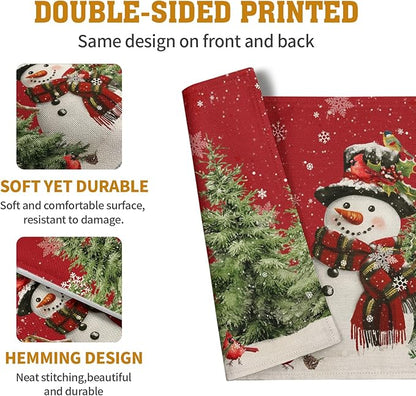 Double-sided red snowman placemats with pine trees and cardinals, set of 4