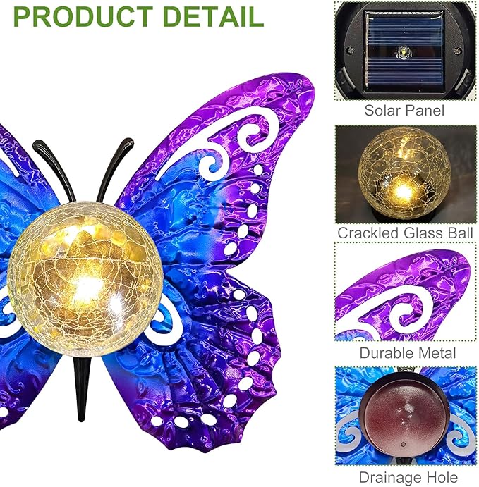 Solar Butterfly Garden Stake Light with Crackle Glass Globe - Metal Outdoor Decor