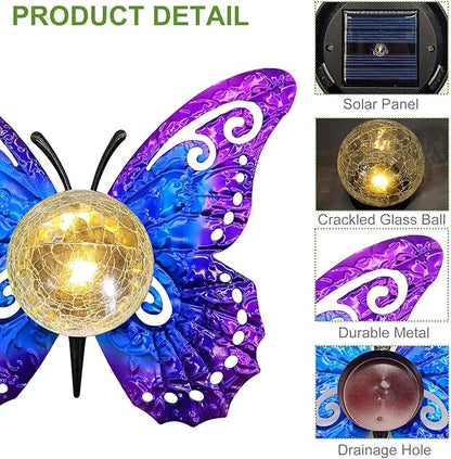 Solar Butterfly Garden Stake Light with Crackle Glass Globe - Metal Outdoor Decor