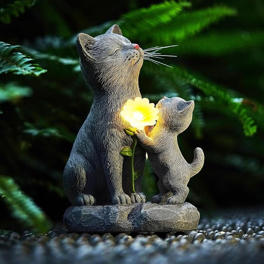 Mother and Kitten Solar Cat Garden Statue - Resin Cat Figurine with Flower LED Light for Garden, Pathway, Patio, Balcony, and Home