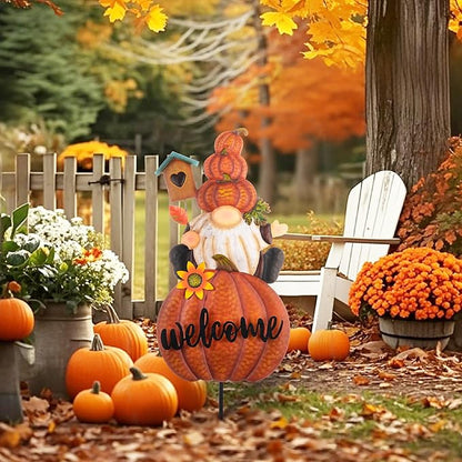 Fall gnome welcome pumpkin yard sign stake with boots, sunflower, and welcome lettering