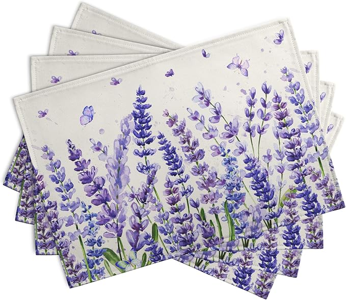 Set of 4 placemats stacked, showing purple lavender and butterfly print on ivory.