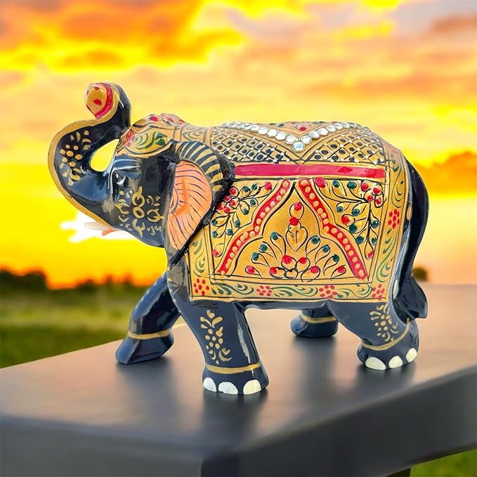 Handcrafted Wooden Elephant Figurine with Gemstone Embellishments - Lucky Home Decor