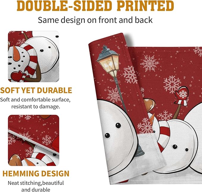 Four-pack red double-sided printed snowman and snowflake placemats in product graphic
