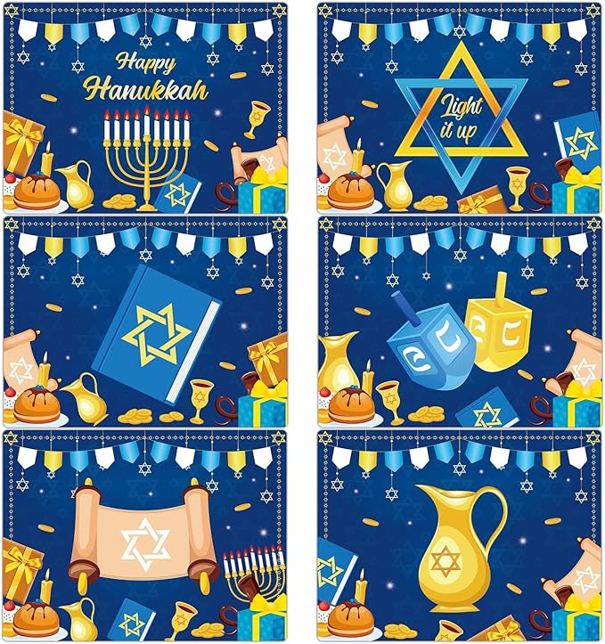 Set of 6 blue plastic Hanukkah placemats with menorah, stars, and dreidel icons