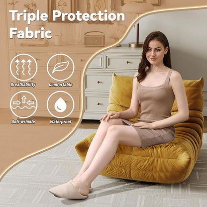 Golden Yellow Ripple Single Floor Lounge Chair - Togo-Style Warm Solo Foam Seat for Japandi Interiors, Nursery, and Sunlit Reading Corners