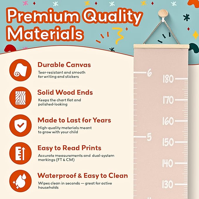 Height chart premium materials: durable canvas, solid wood ends, waterproof and easy-clean