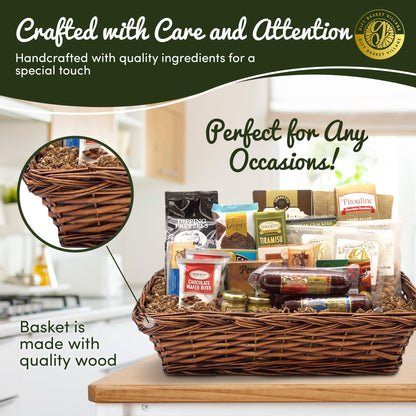Wicker snack gift basket filled with assorted crackers, pretzels, cheese bites, and chocolate desserts