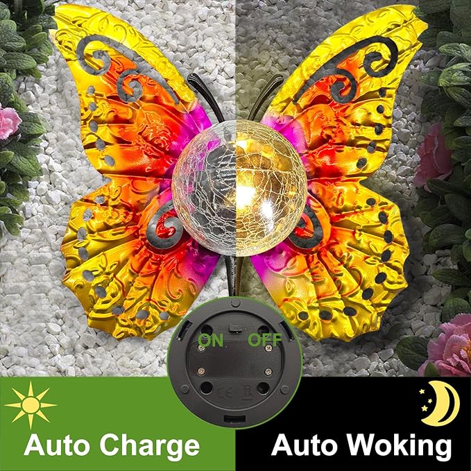 Solar Butterfly Tabletop Garden Light with Crackle Glass Globe - Metal Decor