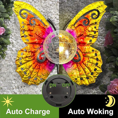 Solar Butterfly Tabletop Garden Light with Crackle Glass Globe - Metal Decor