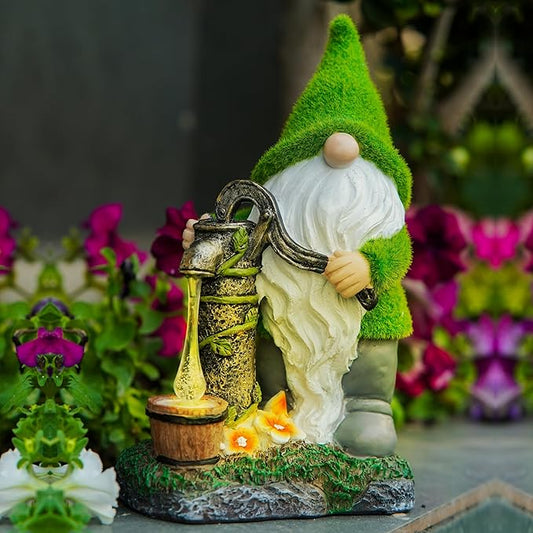 Forest green gnome yard statue with white beard holding a watering pump lantern