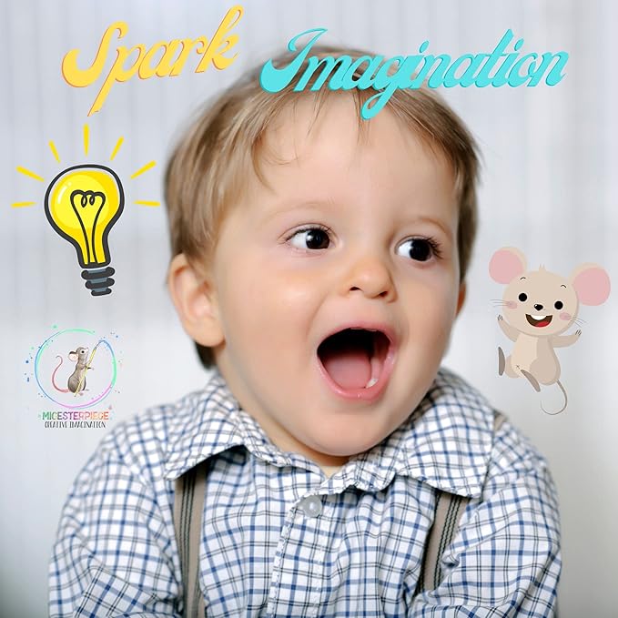 Mouse-themed wall decal graphics behind a baby, with a small mouse icon
