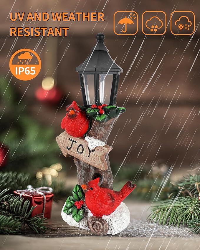 Weatherproof lighted resin cardinal ornament with lit black lantern, red birds, and JOY sign