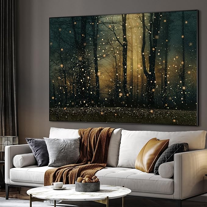 Magical Firefly Forest at Twilight Framed Wall Art – 36"x46" Enchanted Nature Scene | Wide Format Warm Glow Decor for Living Room & Bedroom