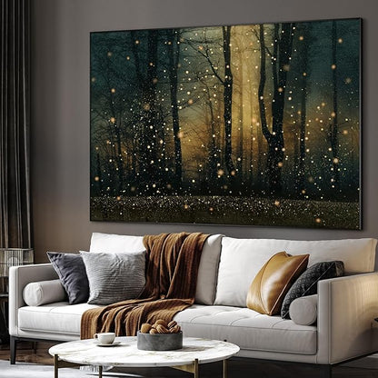 Magical Firefly Forest at Twilight Framed Wall Art – 36"x46" Enchanted Nature Scene | Wide Format Warm Glow Decor for Living Room & Bedroom