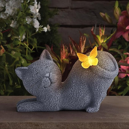 Solar Cat Garden Statue with Glowing Butterfly Tail - IP65 Resin Decor