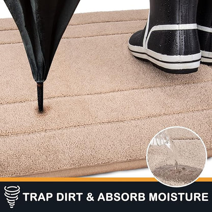 Beige low-pile entryway runner rug with non-slip surface under shoes and pet feet.