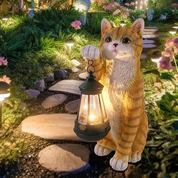 Cat Solar Garden Statue with Lantern - Waterproof Resin Outdoor Decor