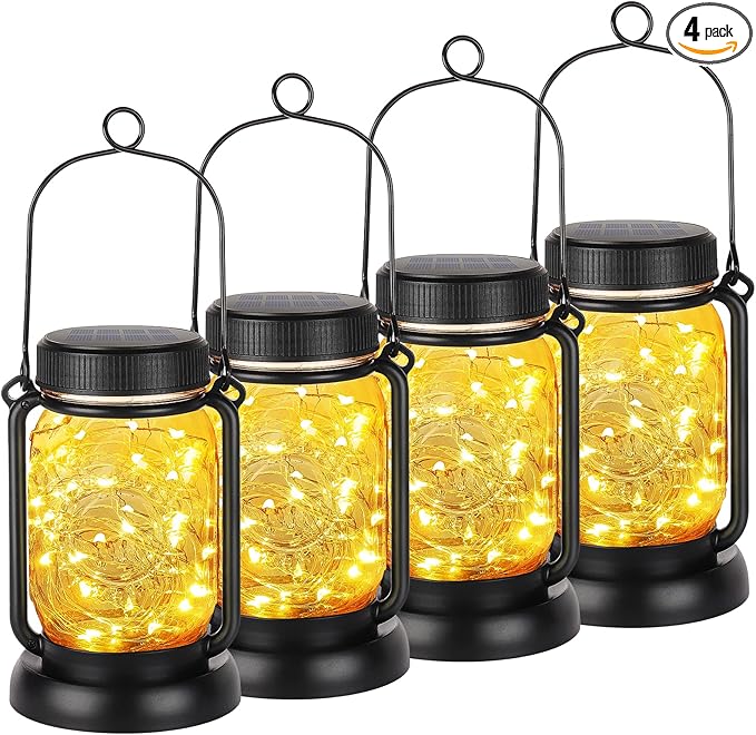 4-pack solar mason jar hanging lanterns with black bases and warm glowing glass jars