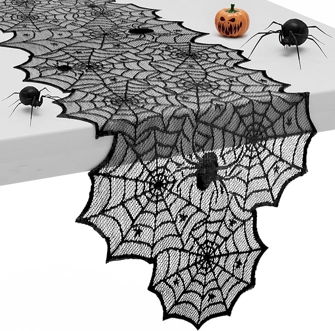 Black spiderweb lace table runner with scalloped edge for Halloween decor