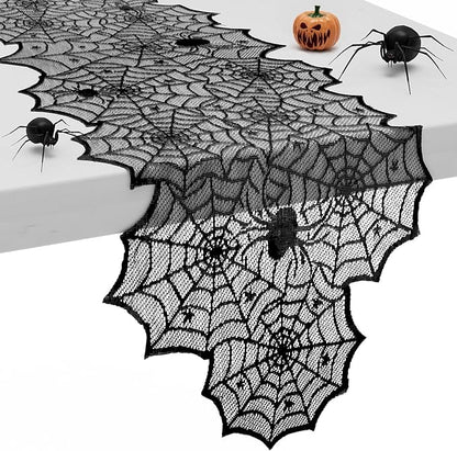 Black spiderweb lace table runner with scalloped edge for Halloween decor