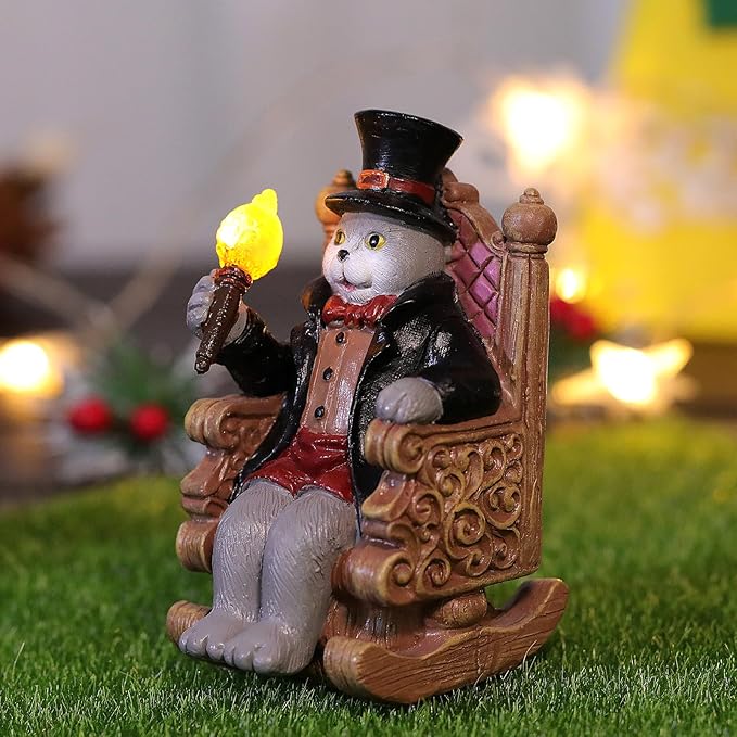 Cat Solar Garden Statue with Glowing Magic Wand - IP65 Waterproof Resin Decor