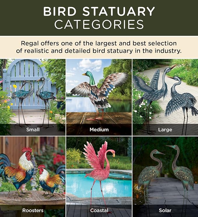 Regal Art & Gift Outdoor Garden Décor, Unique Bird Sculpture, Rustic Metal Bird Statues, Garden Ornaments, Bird Figurine for Lawn, Decorative Sculpture, Crane, Multi, Wings Down, 42" Height