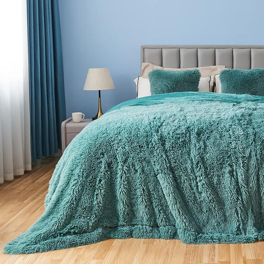 Light Teal Shaggy Faux Fur Queen Blanket – 90"x90" | 1.5" Deep Plush Pile | Serene Spa-Inspired Throw for Queen Beds & Calm Interiors