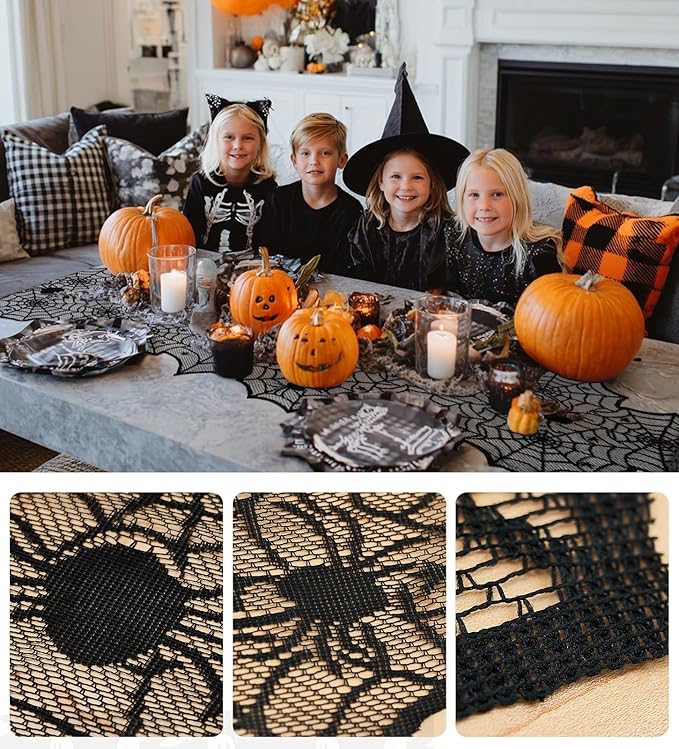 Black spiderweb lace table runner texture close-up with webbing pattern