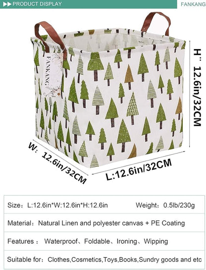 Green Forest Canvas Storage Hamper Basket - Foldable Waterproof Woodland Bin for Nursery, Home, and Christmas Gift Hampers