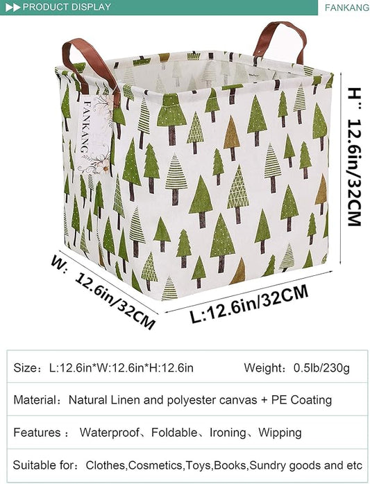 Green Forest Canvas Storage Hamper Basket - Foldable Waterproof Woodland Bin for Nursery, Home, and Christmas Gift Hampers