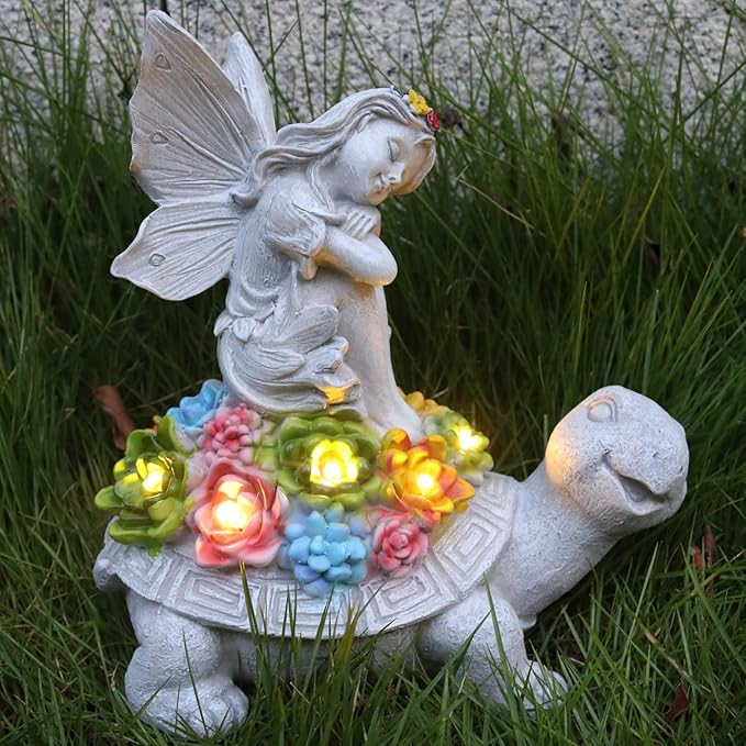 Sleeping Angel Turtle Solar Garden Statue - Multicolor Resin Sculpture with Succulent LED Lights for Patio, Lawn, Porch, Balcony, and Home