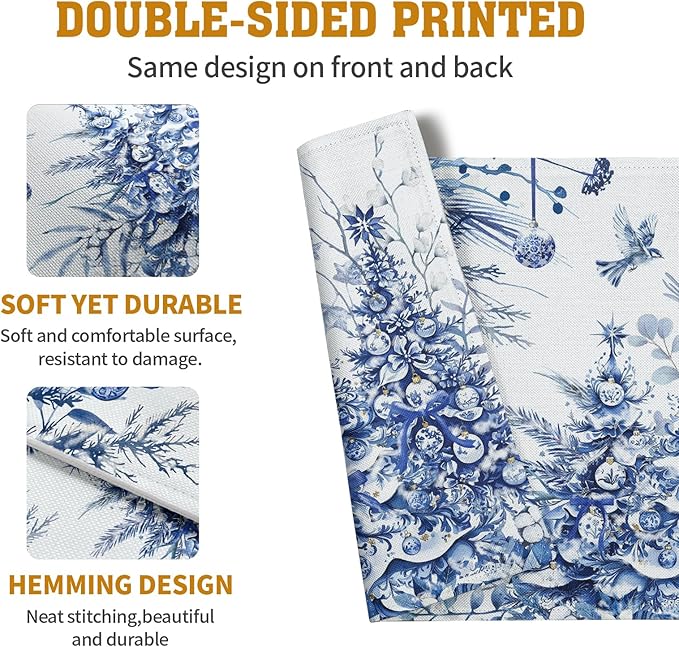 Blue-and-white Christmas tree placemat showing matching front-and-back print