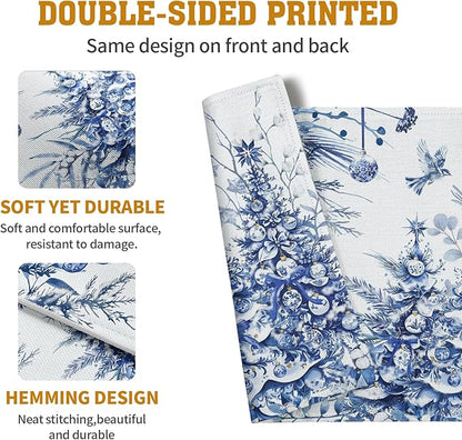 Blue-and-white Christmas tree placemat showing matching front-and-back print