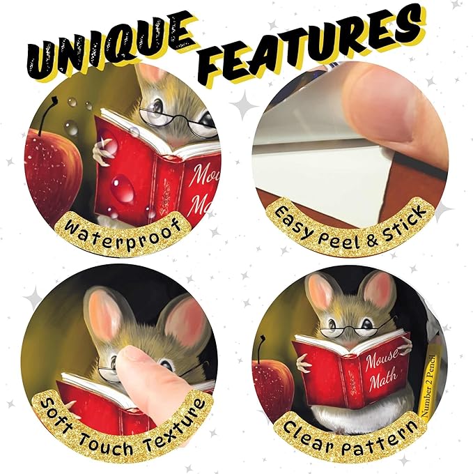 Waterproof, easy-peel wall sticker design featuring mouse reading a red book.