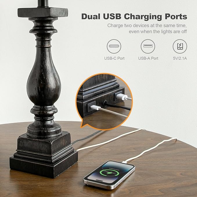 Black farmhouse table lamp with dual USB charging ports and connected USB cables