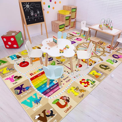 Beige kids rug with colorful animal cards and alphabet/shape learning layout for play.