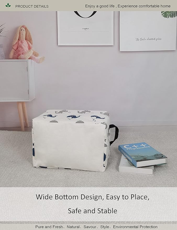 Whale Print Canvas Storage Basket - Waterproof Collapsible Nursery Basket for Toys, Laundry, and Baby Gifts