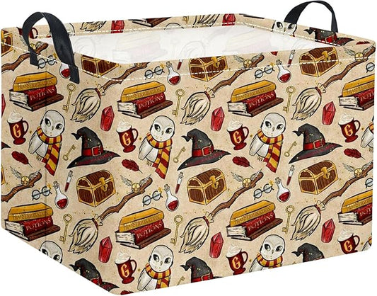 Rectangular Halloween storage basket with two top handles, cream fabric with cute cartoon prints