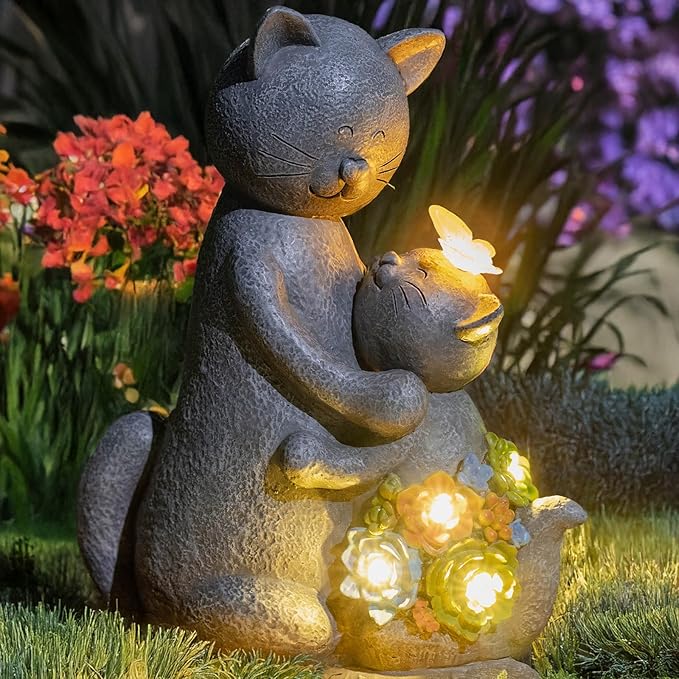 Solar Loving Cat Garden Statue with Butterflies - IP65 Resin Decor
