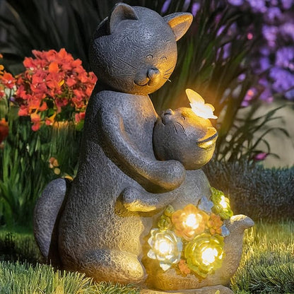 Solar Loving Cat Garden Statue with Butterflies - IP65 Resin Decor