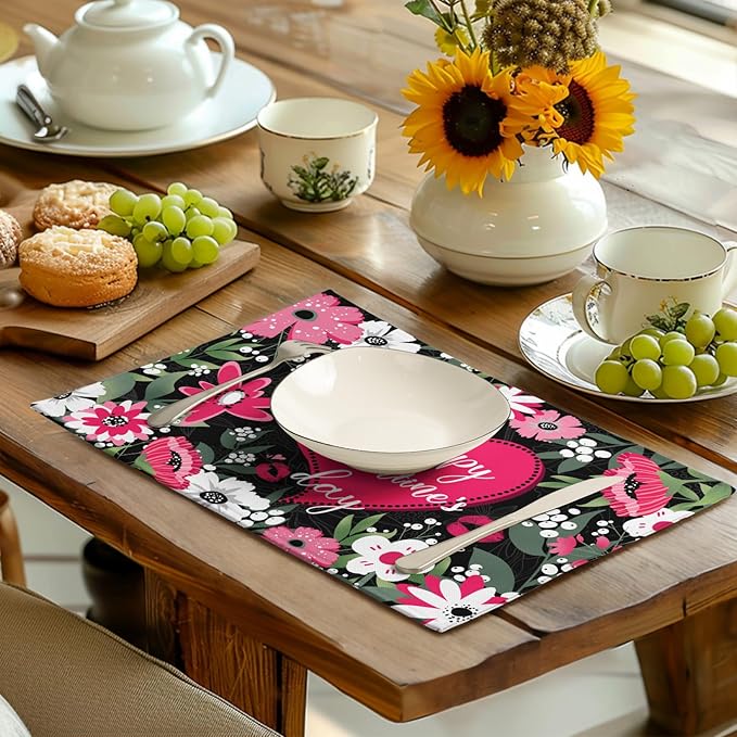 Happy Valentine's Day Floral Love Heart Placemats, Set of 4 – 18 x 12-Inch Cotton Linen Table Mats for Anniversary, Wedding Party, Kitchen & Dining Decor